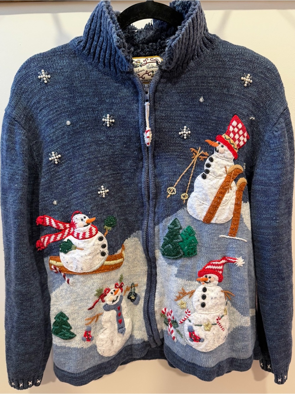 VINTAGE HEIRLOOM COLLECTION Holiday Christmas Snowman Knit Full Zip Sweater
